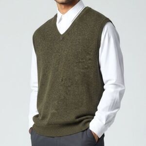 Lord & Taylor 100% Lambswool Sweater Vest XL Olive V-Neck Grandpa Core Knit